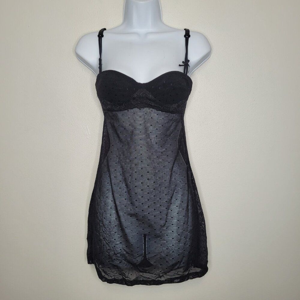 Rampage black semi sheer swiss dot sexy micro mini slip dress size small